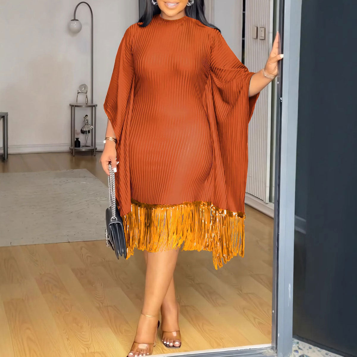 Sequined Tassel Batwing Sleeve Elastic Hip Dress