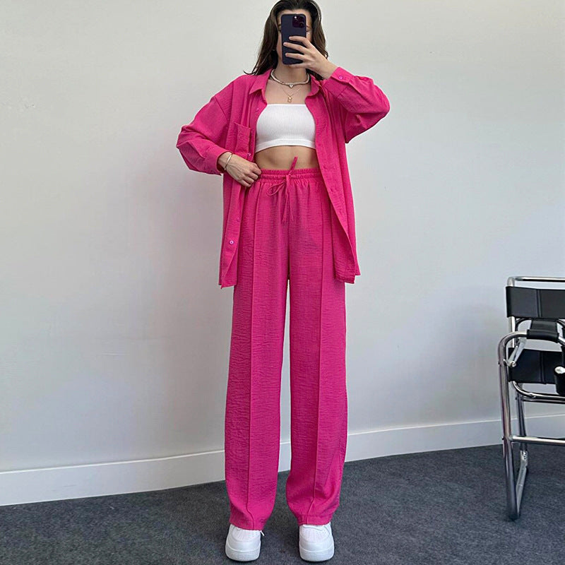 Women's Lady Loose Long-sleeved Shirt Trousers Two-piece Suits