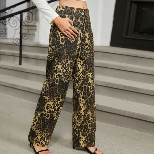 Women's Autumn Washed Wild Leopard Denim Trousers Jeans
