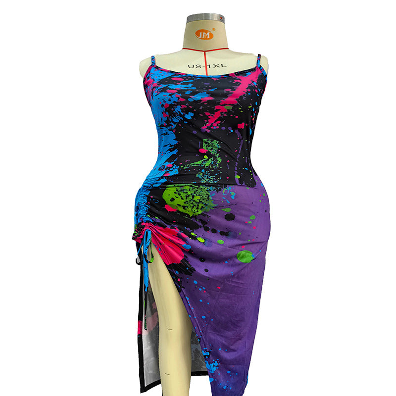 Printing Sexy Slit Drawstring Adjustable Pleating Skirts
