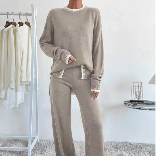 Women's Casual Contrast Color Knitted Trousers Two-piece Suits