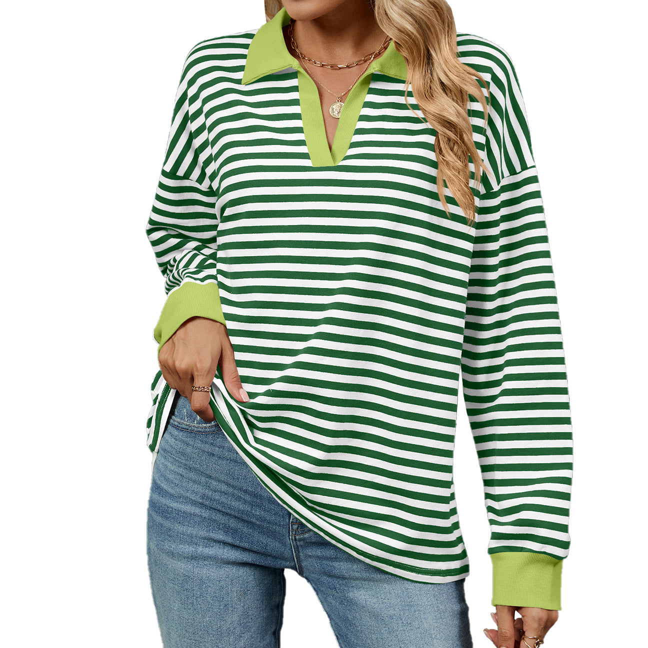 Women's Color Lapels Loose Long Sleeve Striped Women's Sweater, Sweater