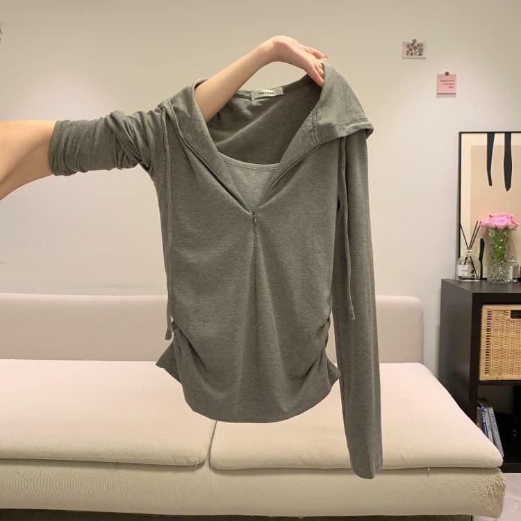 Women's Gray Half Zipper Fake Two-piece Hooded Long-sleeved Sportswear Women's T-shirt