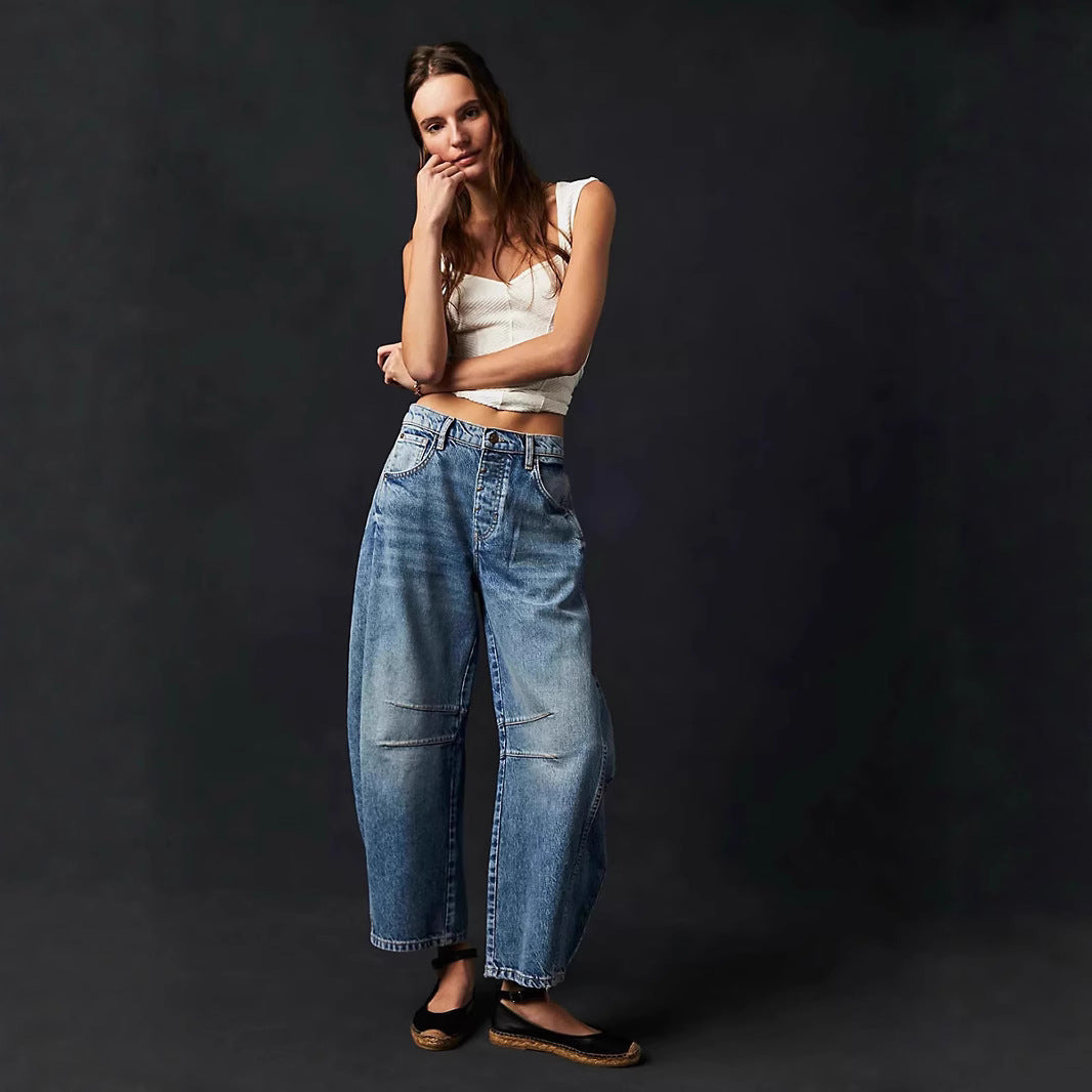 Women's Casual Loose Waist Washed Denim Trousers American Women's Jeans