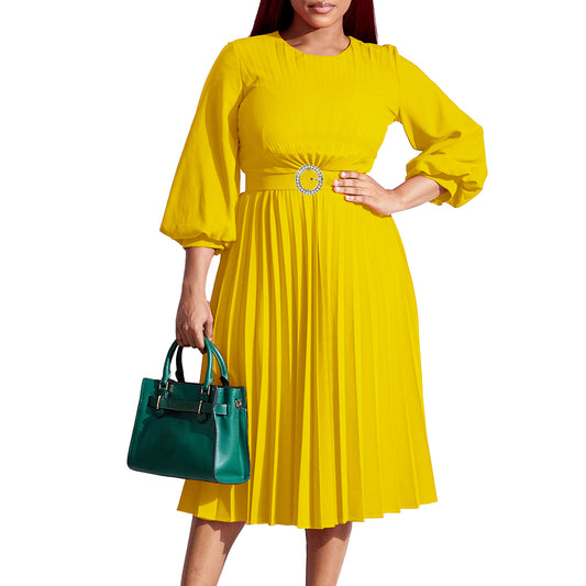 Women's Solid Color Pleated Loose Waist Round Dresses