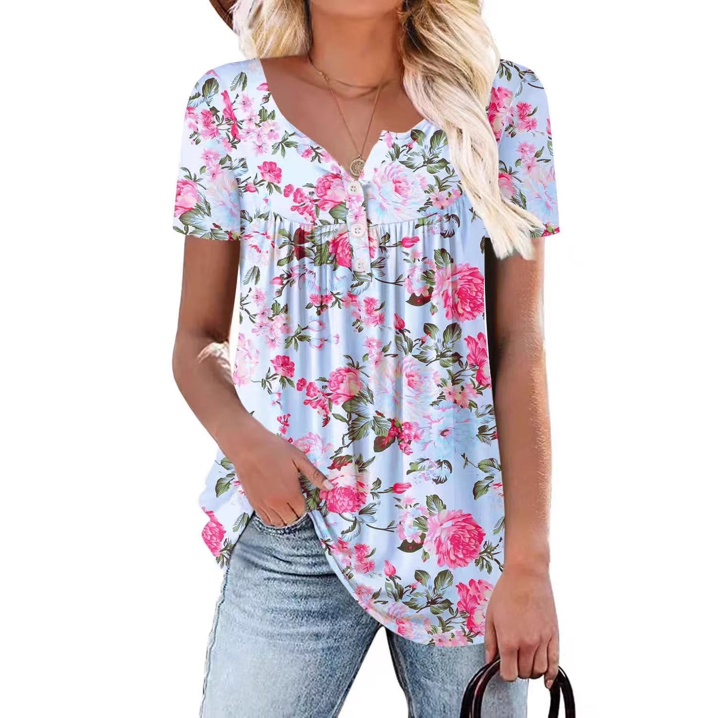 Women's Summer Fashion Button Flower Printed Short-sleeved Tops