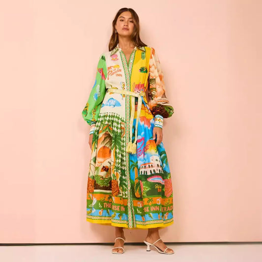 Single-breasted Long Lantern Sleeve Iti Printing Dress