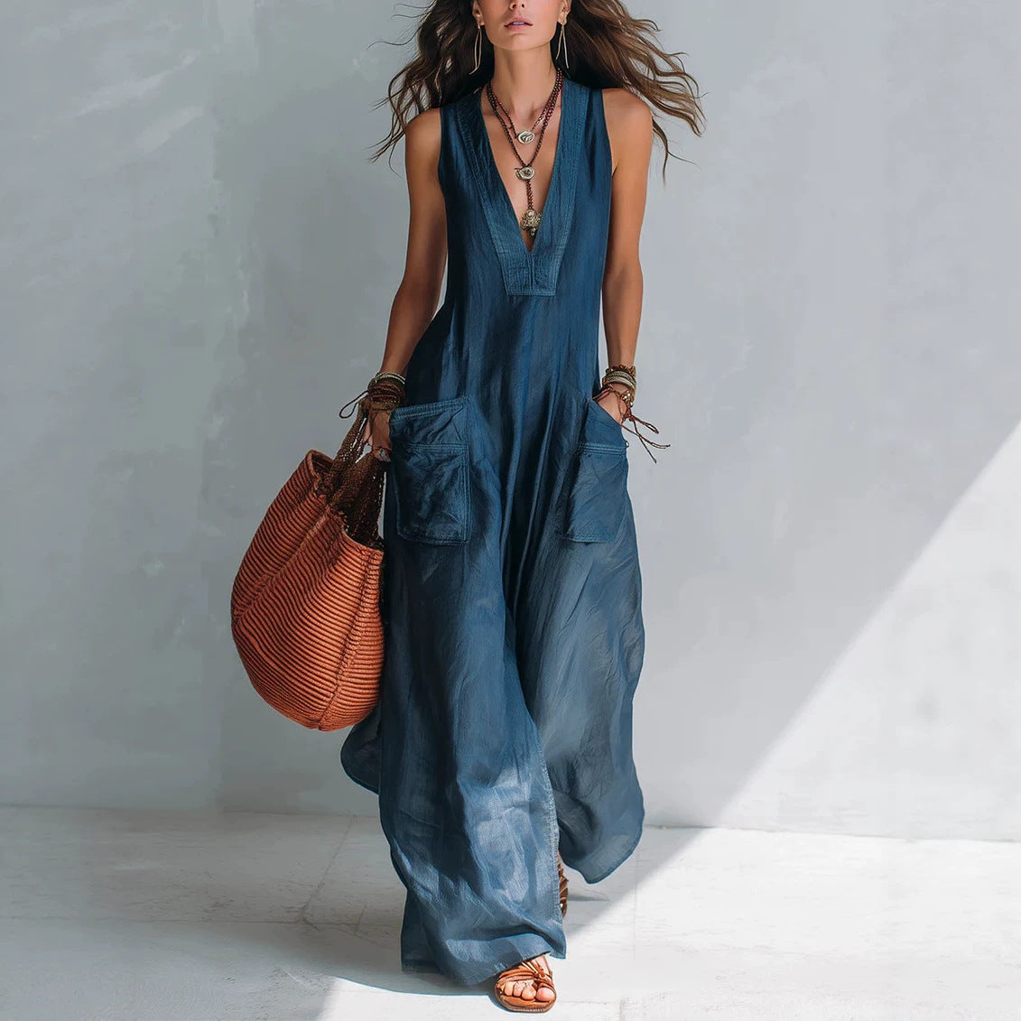 Solid Color Temperament Large Loose Pockets Jumpsuits