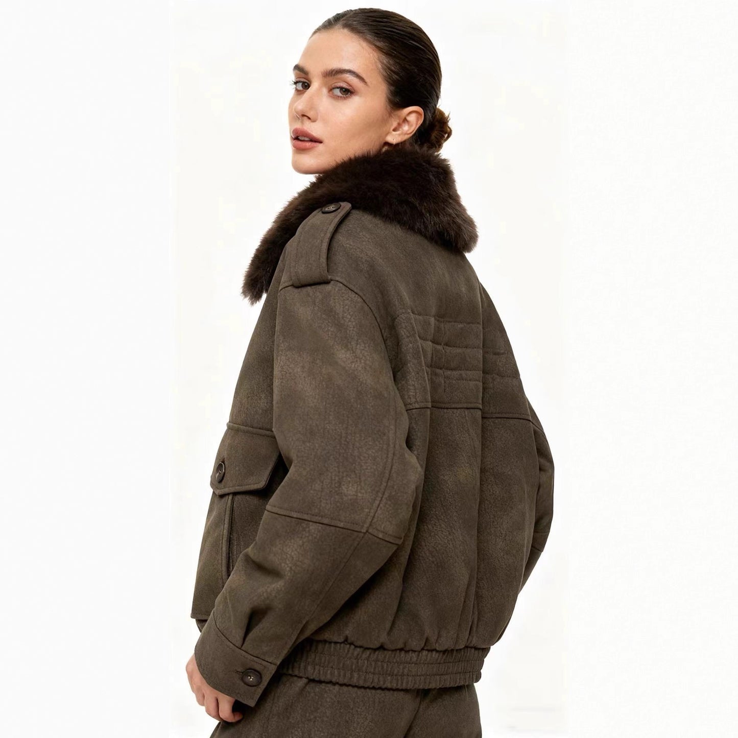 Women's Versatile Suede Effect Detachable Neckline Jackets