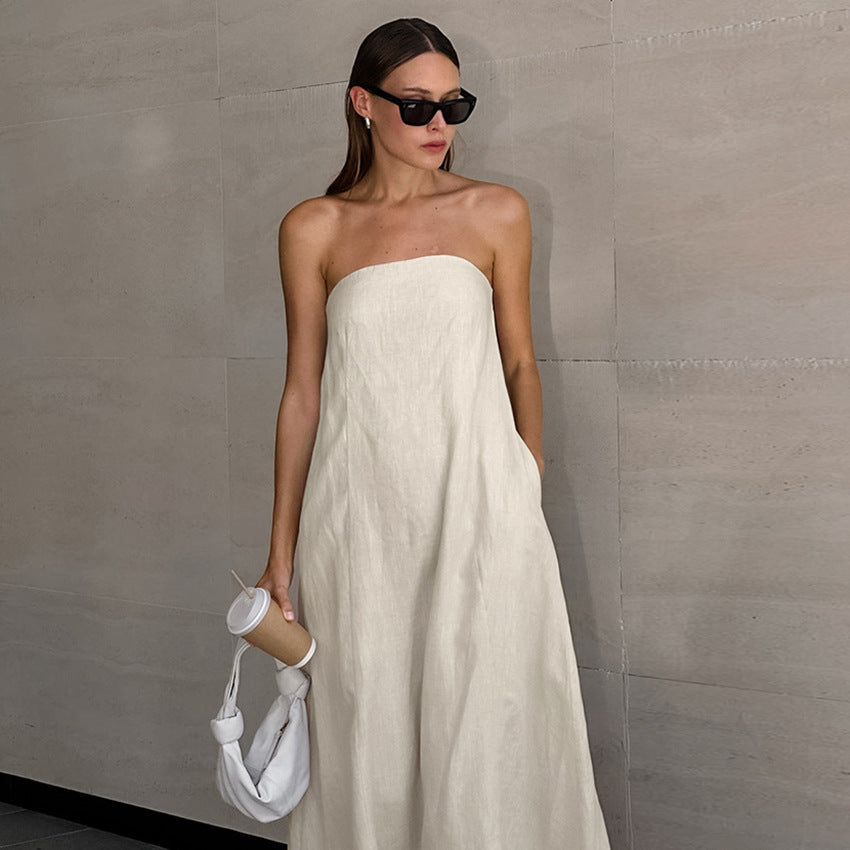 Women's Linen Tube Dress Vacation Casual Ramie Dresses