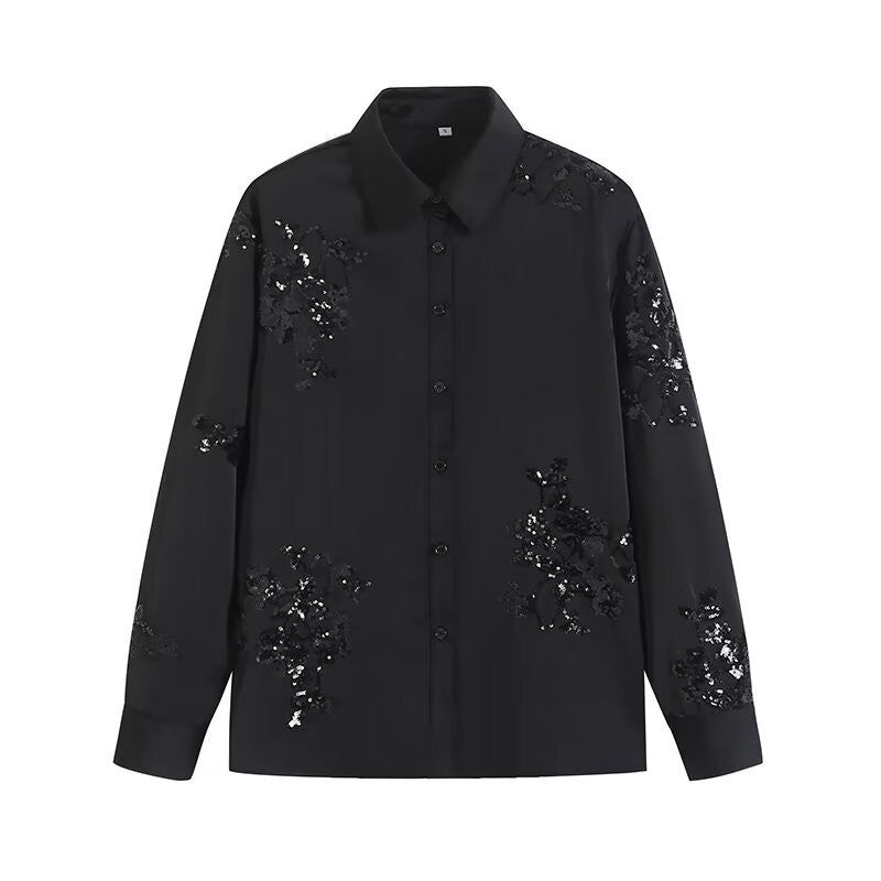 Women's Sequin Embroidery Loose Shirt Trousers Two-piece Suits