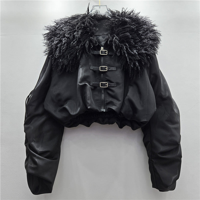 Street Winter Niche Hot Lamb Fur Collar Drawstring Belt Coats