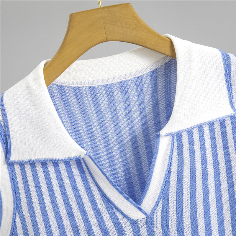 Women's Preppy Style Waist Trimming Slimming Striped Shirt Summer High Suits