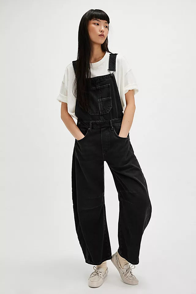 Women's Street Washed-out Vintage Loose Straight Suspender Women's Jeans