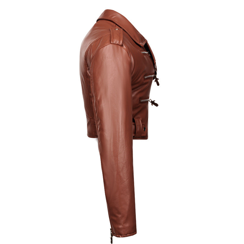 Women's Leather Long-sleeved Lapel Oblique Zipper Motorcycle Jackets