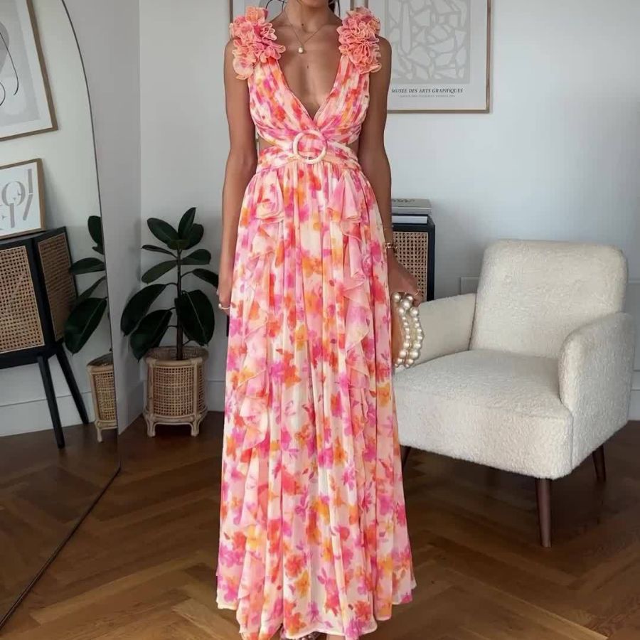Summer Fashion Pastoral Print Backless Sexy Dresses