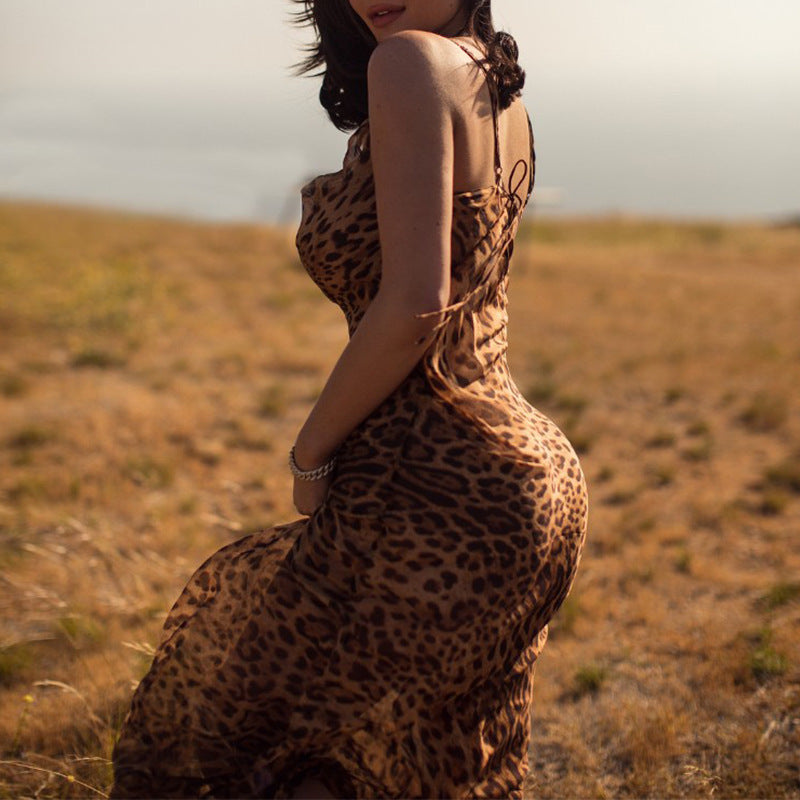 Women's Hot Sling Exposed Back Leopard Print Dress