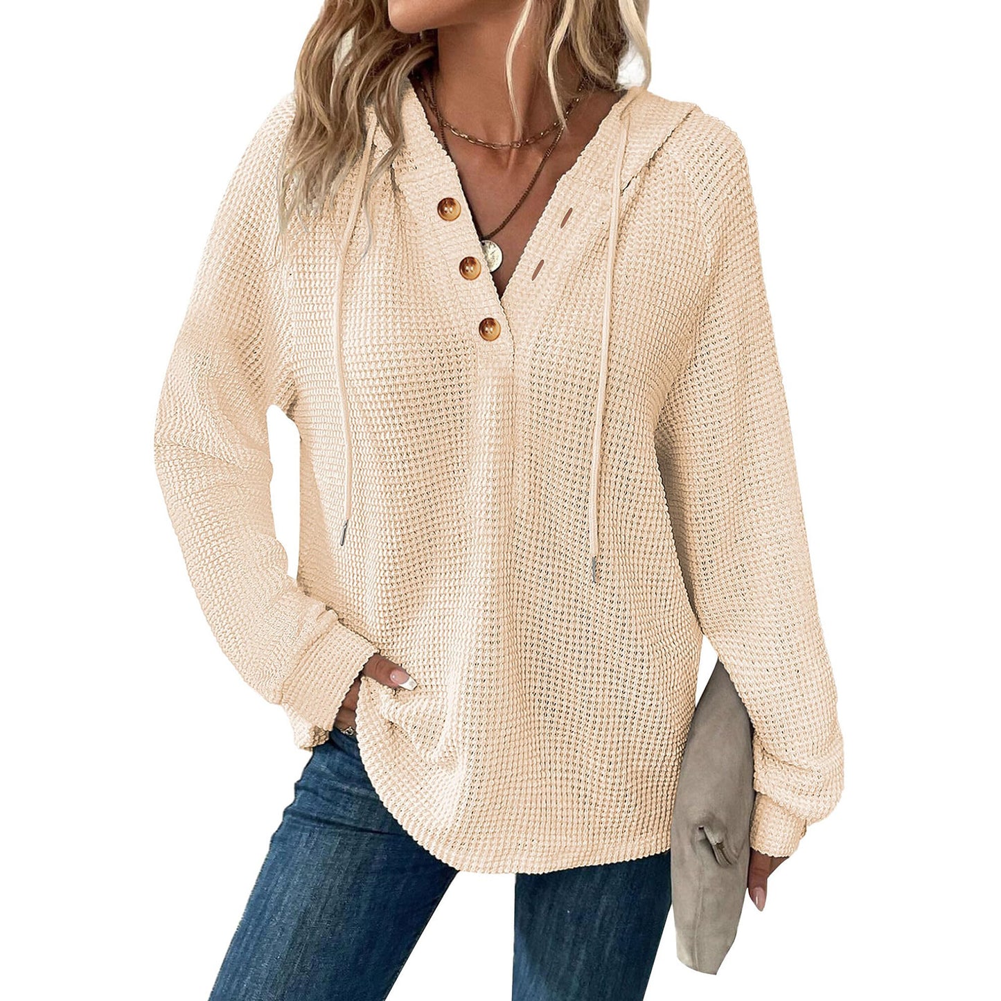 Women's Solid Color Waffle Hooded Button Loose Long Women's Sweater, Sweater