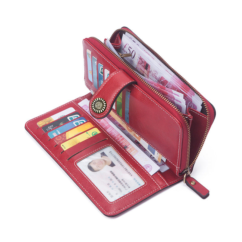 Women's Wax Leather Large Capacity Mobile Korean Ladies Wallets