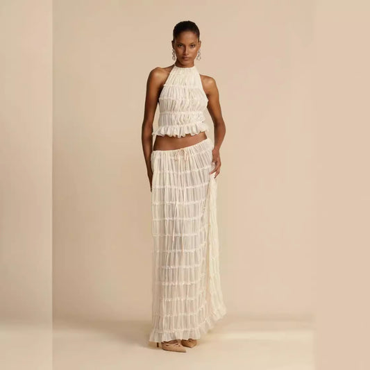 Strap Drawstring Chiffon Pleated Dress Two-piece Dresses