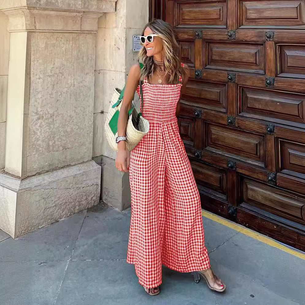 Women's Summer Elegant Trousers Plaid Casual Jumpsuits