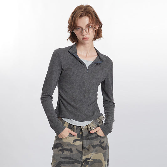 Women's Two-piece Long-sleeved T-shirt Autumn Half Zipped Stand Collar Blouses