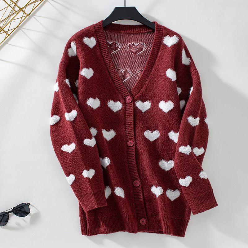 Women's Embroidery Heart Knitted Mid-length Button Sweet Sweaters