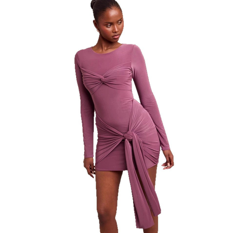Long Sleeve Twisted Sheath Stretch Fabric Round Collar Dress