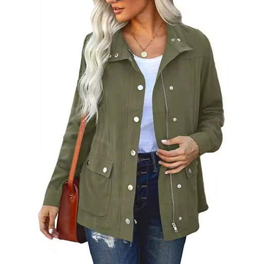 Women's Polo Collar Solid Color Pocket Fastener Coats
