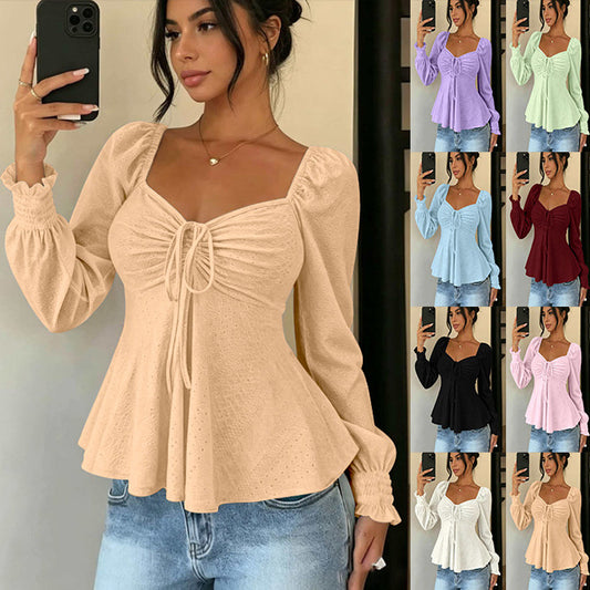 Women's Drawstring Smocking Sexy Sleeve Solid Color Women's T-shirt