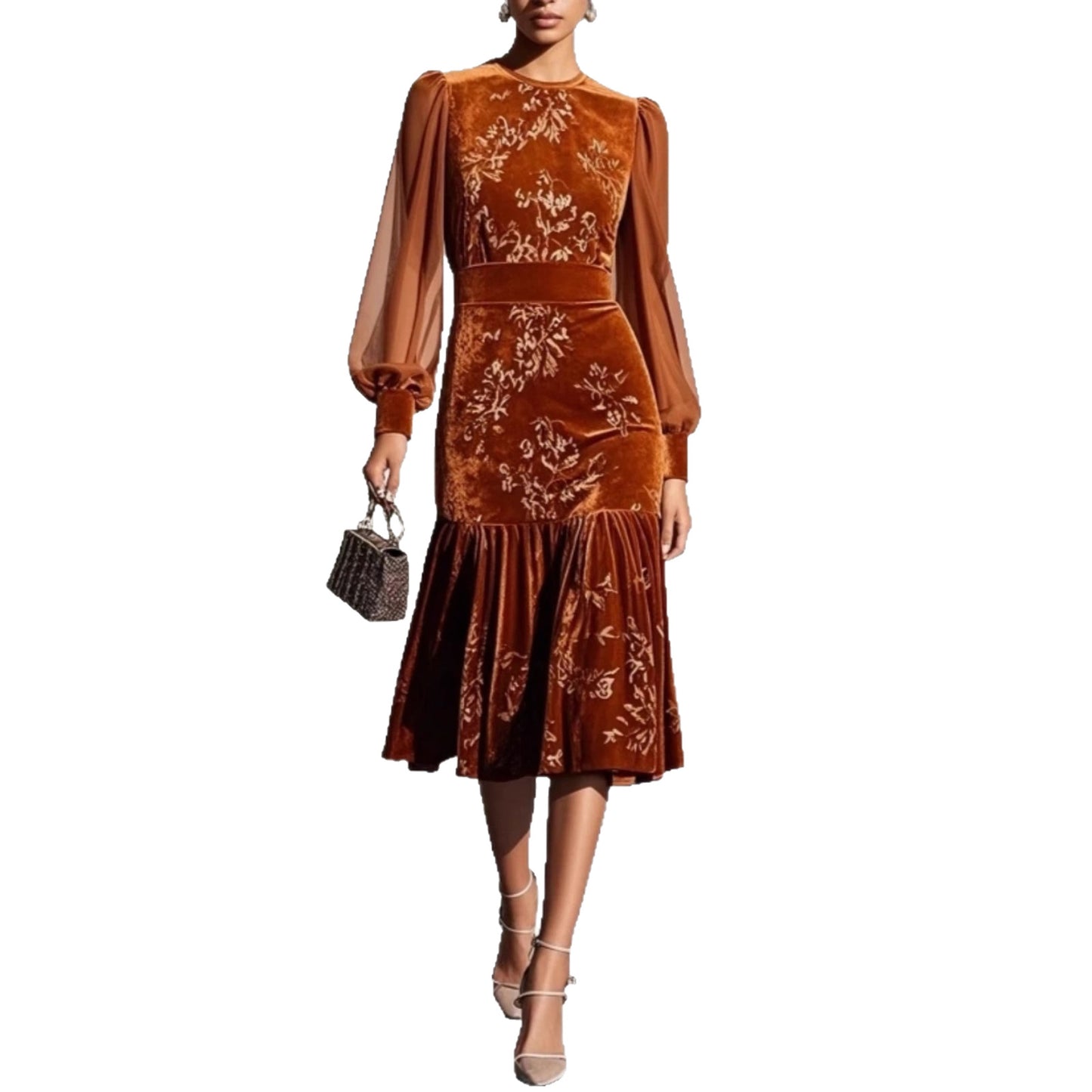 Women's Dress Round Neck Lantern Sleeve Mesh Long Skirts