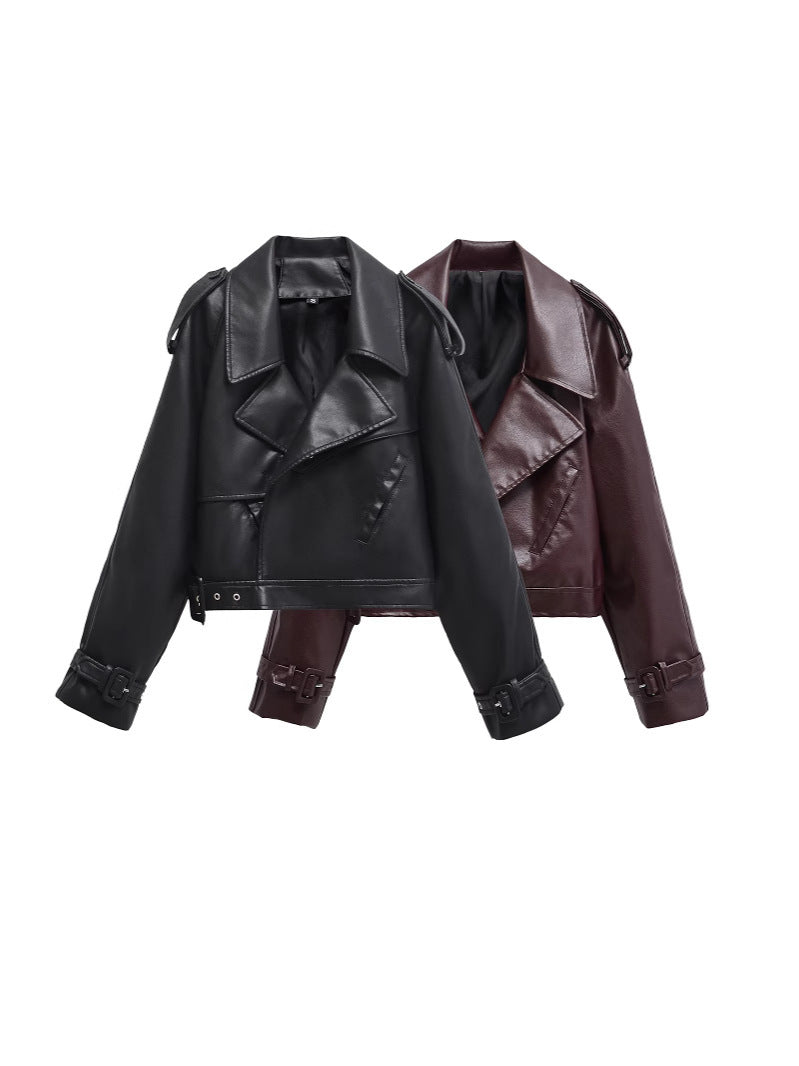 Women's Leather Street Lapel Adjustable Sleeve Vintage Jackets