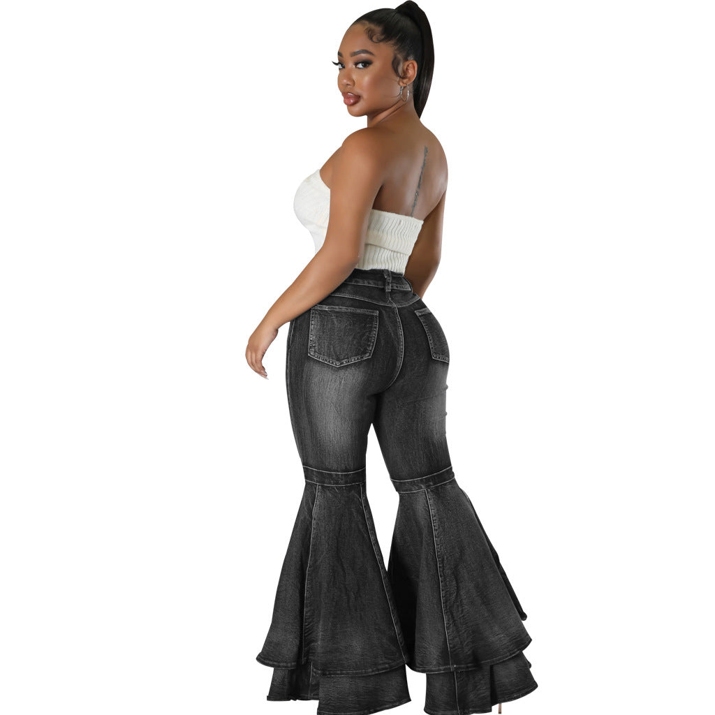 Comfortable Fashionable Washed Denim Stretch Flared Jeans