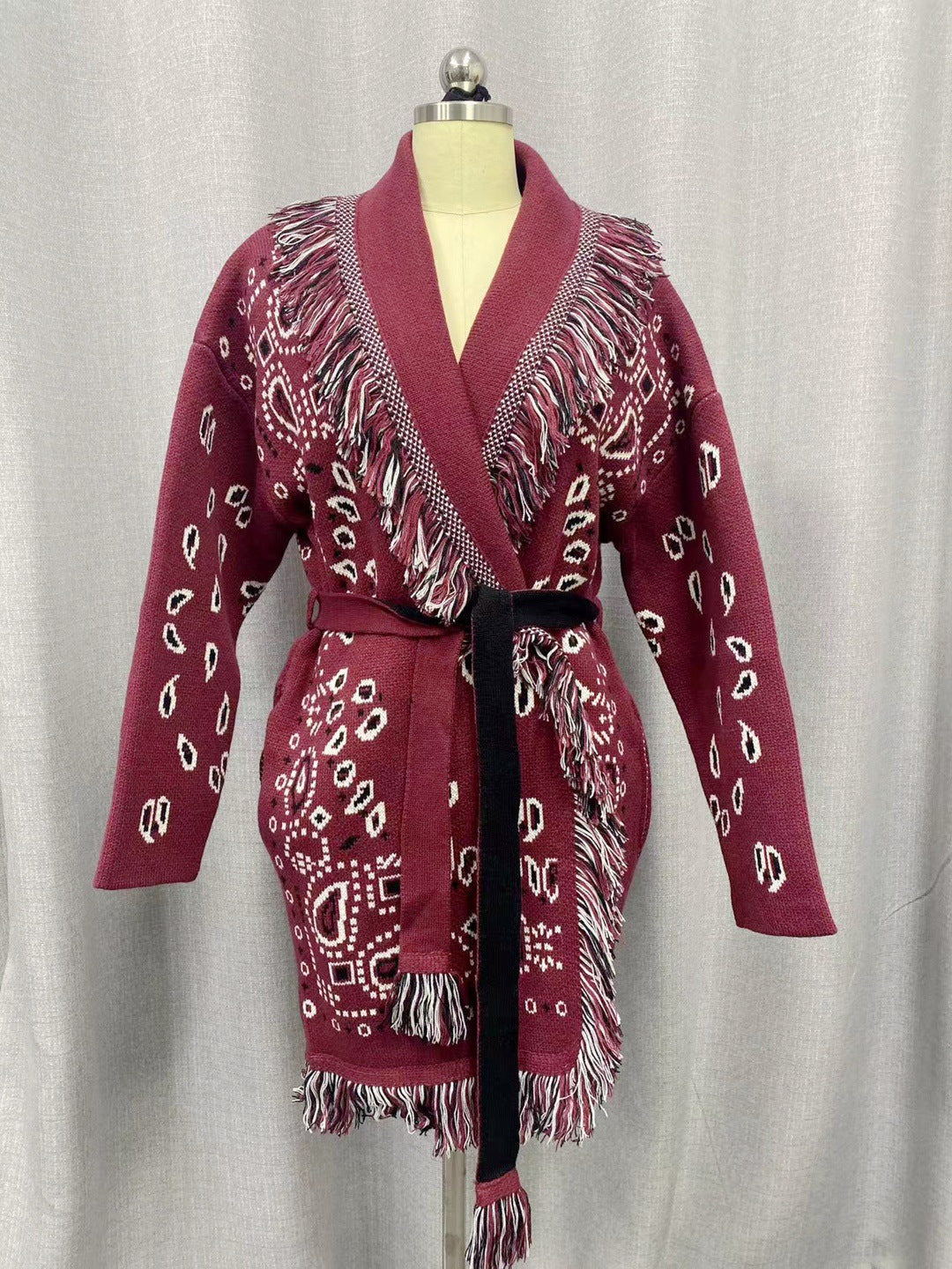 Red Thickened Tassel Jacquard Mid-length Loose Sweaters