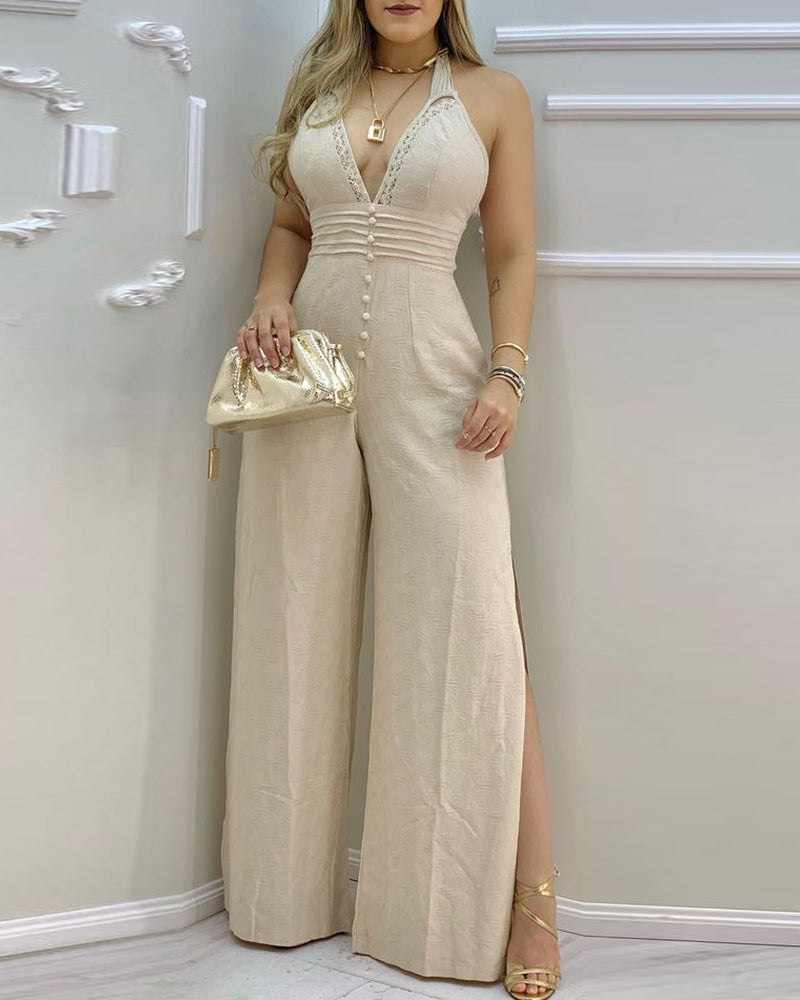 Innovative Beige Halter Lace Patchwork Slit Jumpsuits