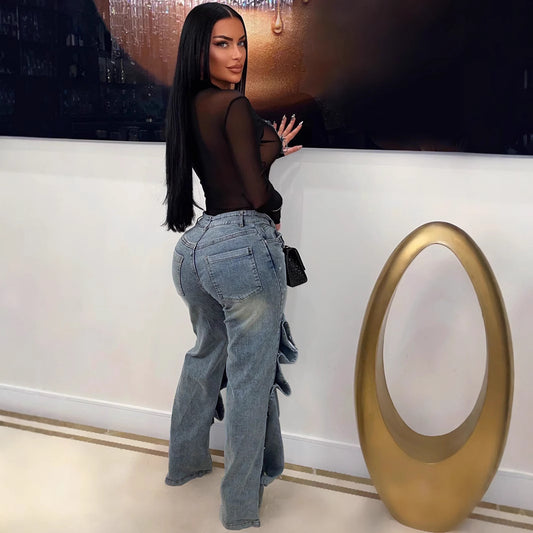 Women's Fashion Clinch Denim Decorative Loose Trousers Jeans