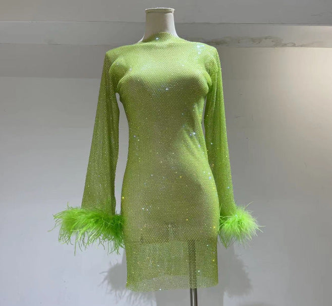 Fashion Luxury Hollow Mesh Ostrich Feather Slimming Bottoming Dresses