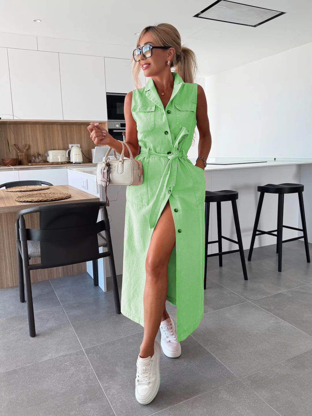 Sleeveless Long Tie Waist Single-breasted Denim Dresses