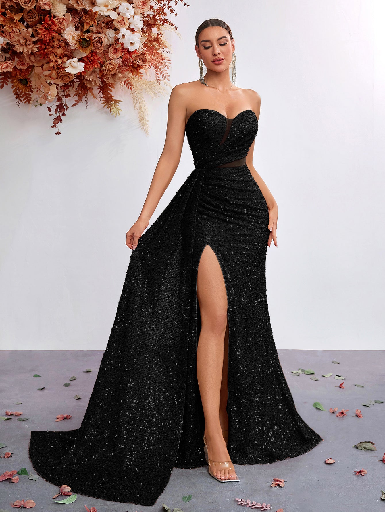 Sequined Tube Sexy High Waist Slit Fishtail Banquet Dress