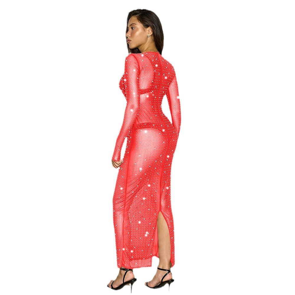 Women's Summer Sexy Pure Color Mesh Rhinestone Dresses