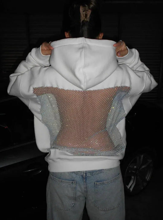 Women's Hooded Long Sleeve Backless Stitching Mesh Women's Sweater, Sweater