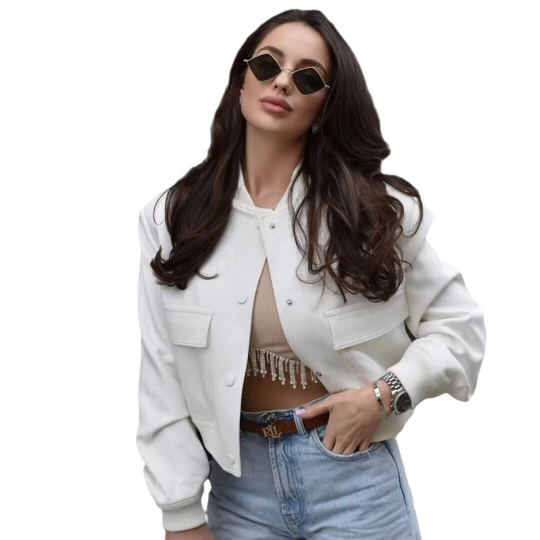 Women's Color Stand Collar Large Pocket Jackets