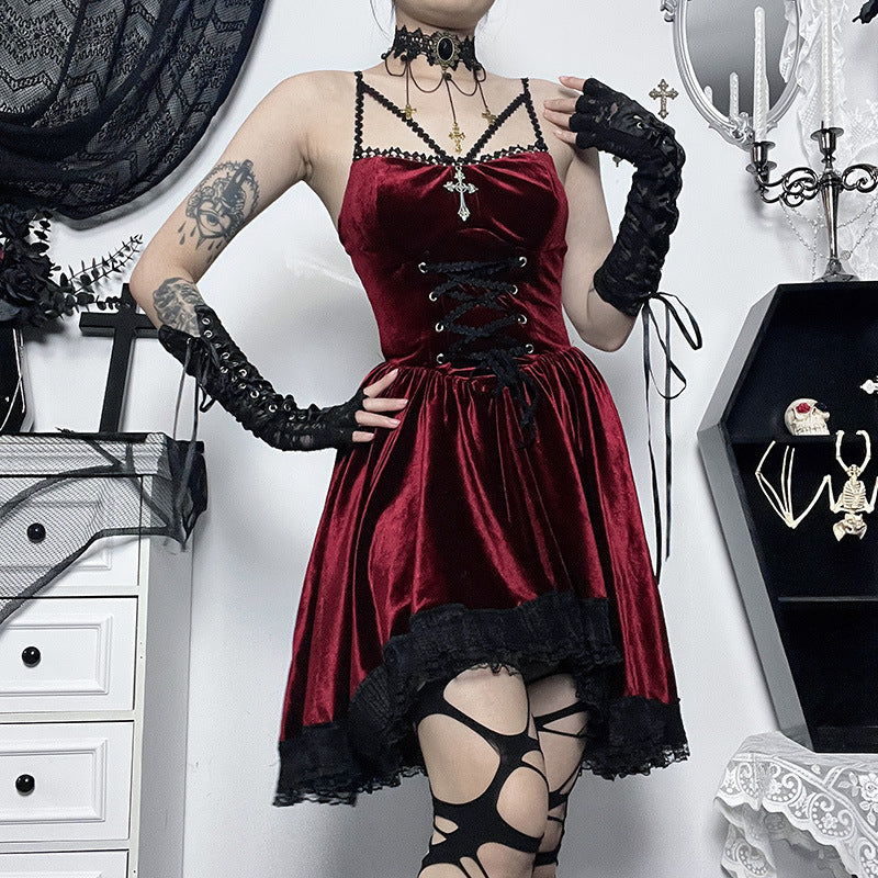 Women's Halloween Dark Suede Dress Sexy Lace Skirts