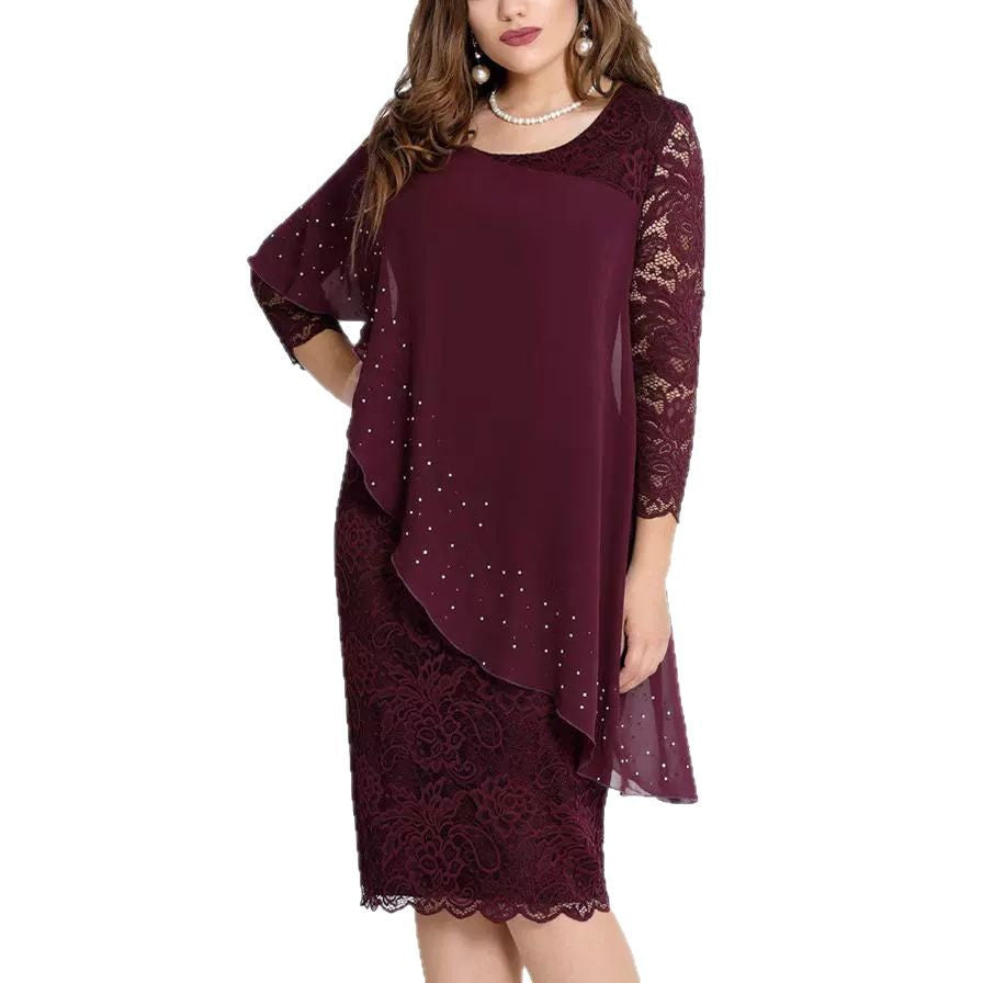 Solid Color Lace Stitching Elegant Cropped Sleeves Dresses