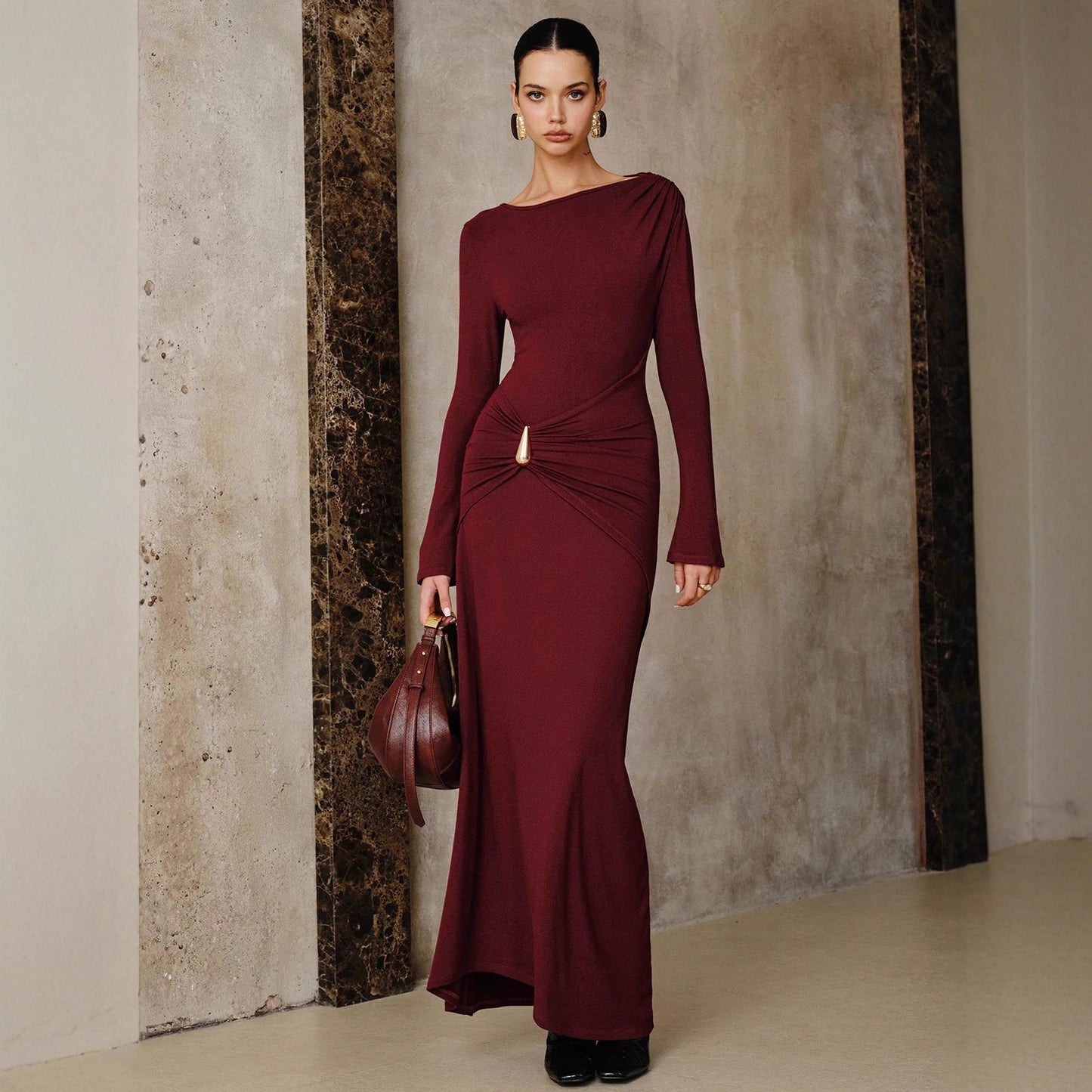 Women's Solid Color Fashion Long Sleeve Round Neck Metal Decoration Dress