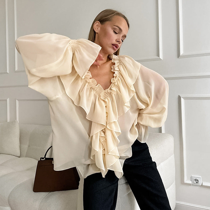 Women's Ruffled White Chiffon Shirt Loose Temperament Flying Blouses
