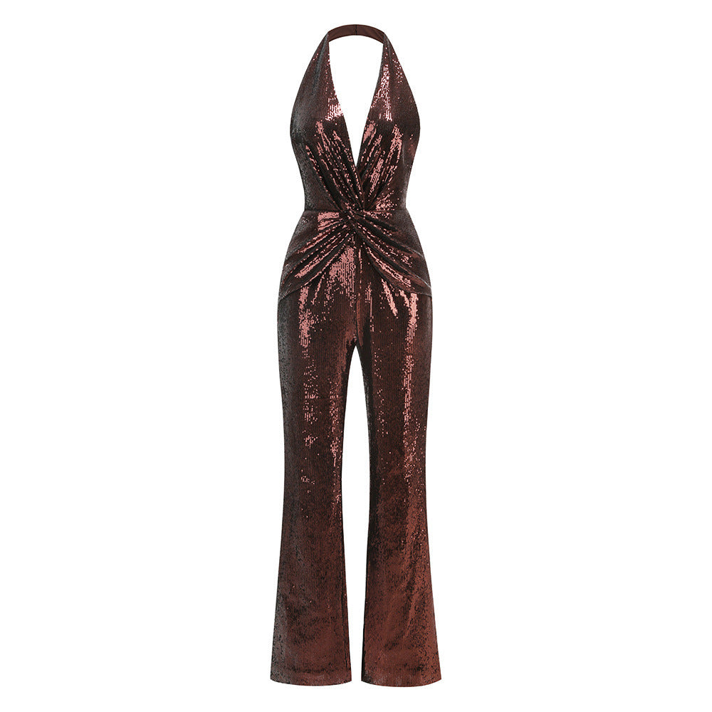 Women's Sequined Halter Sexy Deep Twisted High Jumpsuits