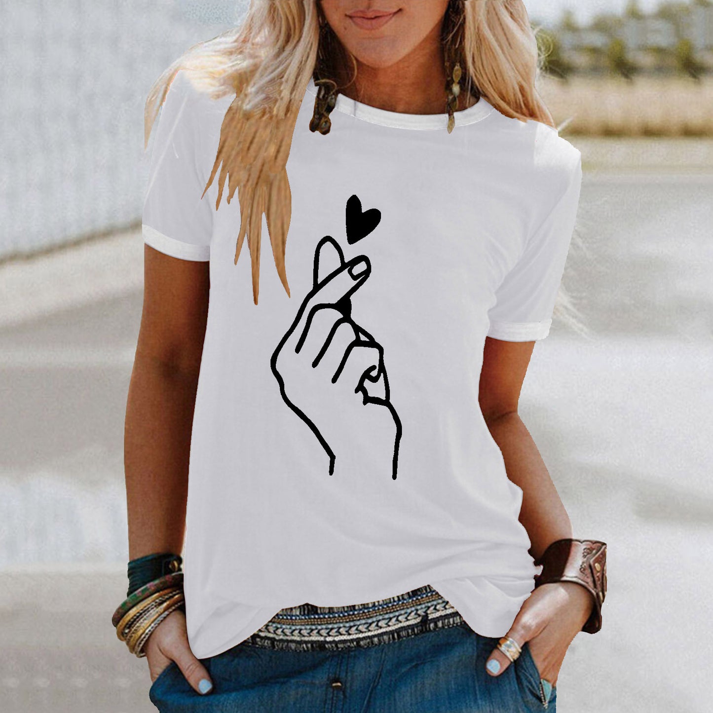 Women's Summer Shirt Finger Print Loose Round Neck Women's T-shirt