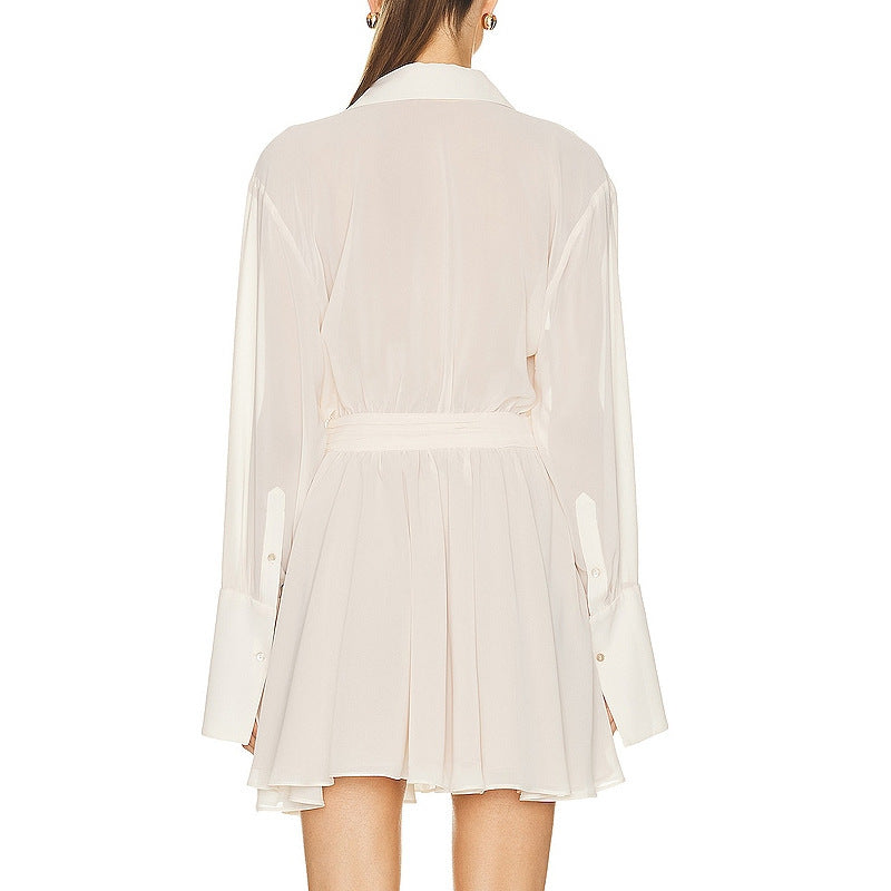 Women's Waist Waisted Long-sleeved Shirt Temperament Pure Shorts