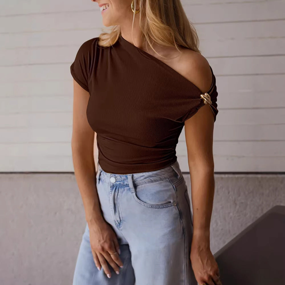 Women's Sunken Stripe Solid Color Metal Decorative Women's T-shirt